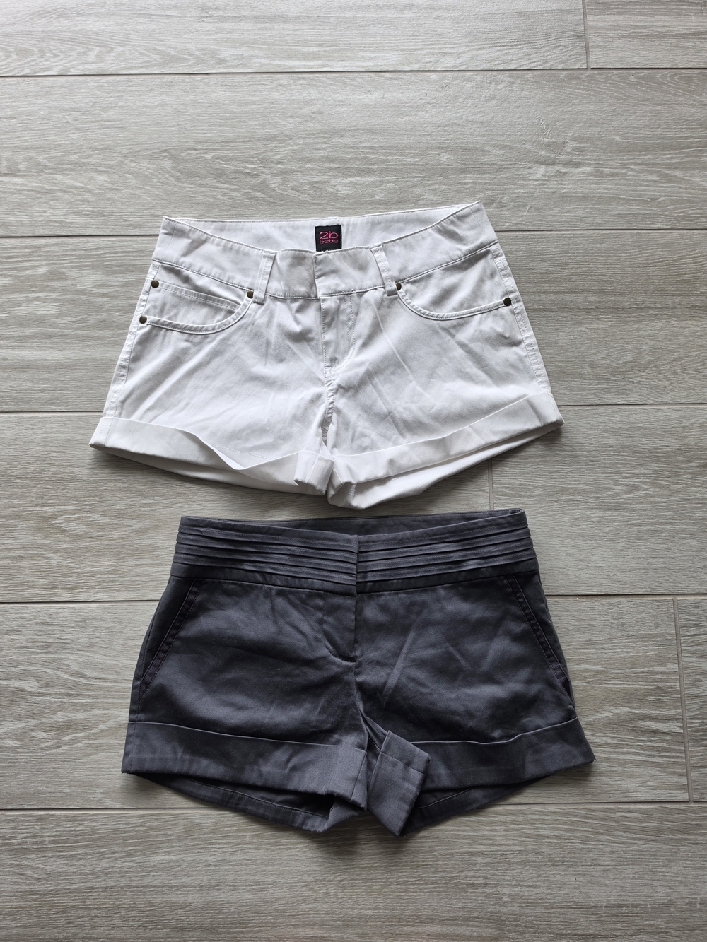 bebe White Mid Rise Roll-Hem Shorts & Charcoal Mid Rise Shorts Duo